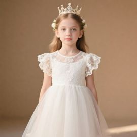 Elegant White Lace Tulle Princess Dress for Girls - Wedding Party Formal Wear
