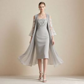 Elegant Off - Shoulder Midi Dress: Embroidered Bodice, Lace Sleeves, Long Chiffon Cape in Soft Gray