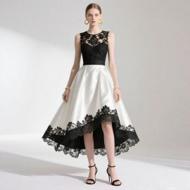 Sleeveless Black Lace & White Satin High-Low Hem Midi Dress with Floral Embroidery