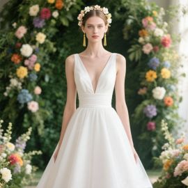 Elegant White Deep V-Neck Sleeveless Wedding Dress | Flowy Tulle Skirt & Romantic Bridal Gown