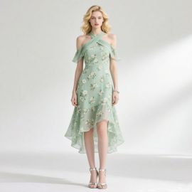 Mint Green Floral Off - Shoulder Asymmetric Hem Midi Dress for Summer Events