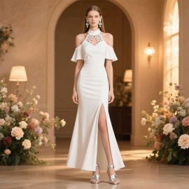 Elegant White Halter Neck Gown: Off-Shoulder, Lace Cutout & High Slit Evening Dress