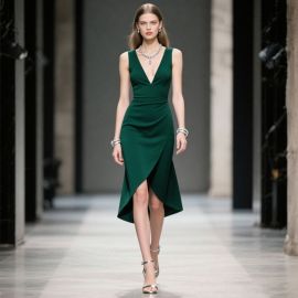 Elegant Emerald Green V - Neck High - Low Hem Midi Dress