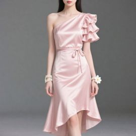 Pink One - Shoulder Satin Dress: Ruffled Sleeve & High - Low Hem Design