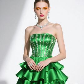 Emerald Green Strapless Beaded Ruffled Evening Gown - Sparkling Formal Dress