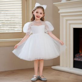 Elegant White Tulle Dress for Girls: Puffed Sleeves & Lace Details Princess Style