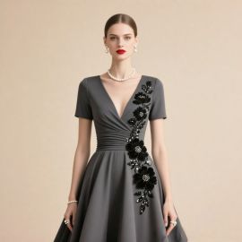 Elegant Gray V-Neck Dress: Short Sleeves, Black Floral Embroidery, Cinched Waist Design