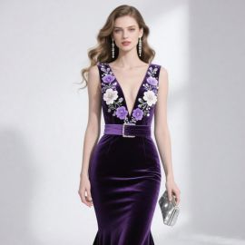 Elegant Purple Velvet Deep V-Neck Evening Dress with Floral Embroidery & Belt