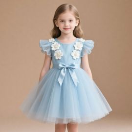 Light Blue Kids Flower Dress with Tulle Skirt & Bow Belt - Party Wedding Princess Gown