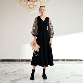 Elegant Black Midi Dress with Embroidered Sheer Sleeves for Women