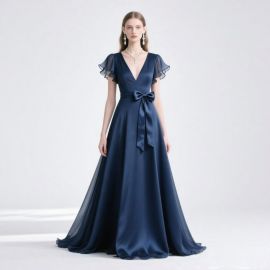 Navy Blue Evening Gown: Ruffled Sleeves, V-Neck & Bow Belt - Elegant Formal Dress