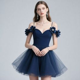 Navy Blue Off - Shoulder Short Prom Dress with Floral Embellishments & Tulle Skirt