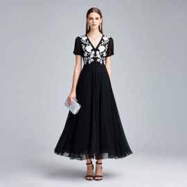 Elegant Black Midi Dress with White Floral Embroidery - V-Neck Short Sleeves Women's Gown