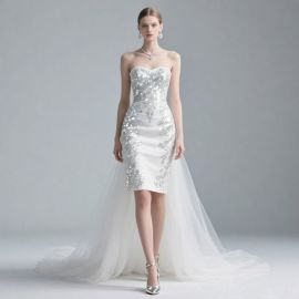 Elegant Strapless Sequined High - Low Hem Wedding Dress
