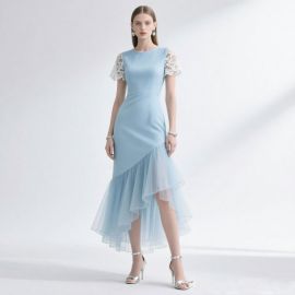 Elegant Light Blue Dress | Lace Sleeves & Asymmetric Tulle Skirt for Formal Events