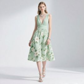 Mint Green Floral Midi Dress: Deep V-Neck & Cinched Waist Design