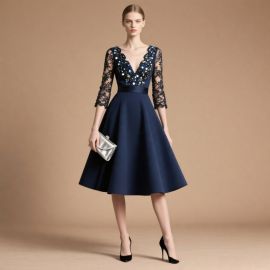 Navy Blue A-Line Dress: Lace Sleeves & Sequin V-Neck for Formal Evenings