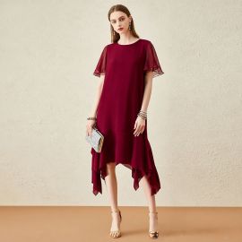 Burgundy Asymmetric Hem Chiffon Short Sleeve Dress - Elegant Party Midi Dress
