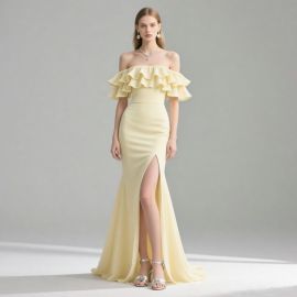 Pale Yellow Off - Shoulder Ruffled Slit Mermaid Evening Gown