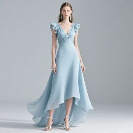 Light Blue High-Low Chiffon Dress with Ruffled Sleeves - Elegant V-Neck Gown for Weddings & Events