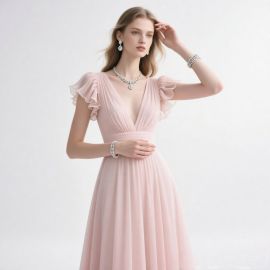 Romantic Pink Deep V-Neck Ruffled Sleeve Flowy Chiffon Maxi Dress