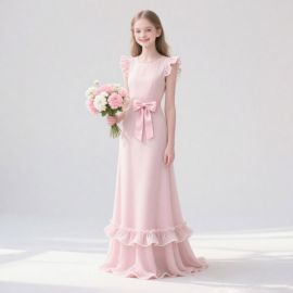 Charming Pink Chiffon Long Dress for Girls: Ruffled Sleeves & Waist Bow - Party/Wedding Gown