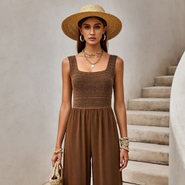 Bohemian Brown Lace Square Neck Sleeveless Jumpsuit - Summer Casual Chic