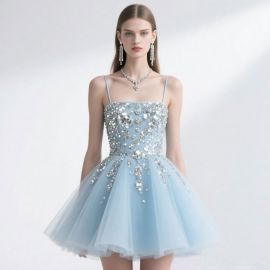 Light Blue Short Prom Dress with Sequins & Tulle Skirt - Elegant Spaghetti Strap Design