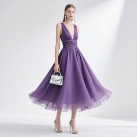 Elegant Purple Deep V Neck Ruched Waist A - Line Midi Formal Evening Dress