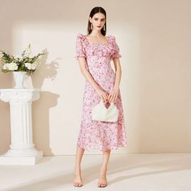 Pink Floral Square Neck Ruffled Sleeve Midi Dress - Women's Summer Chic Apparel