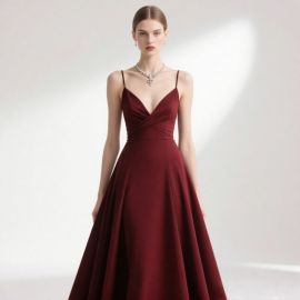 Elegant Burgundy Spaghetti Strap Gown: Deep V-Neck, Cinched Waist, Flowy Skirt - Formal Evening Dress