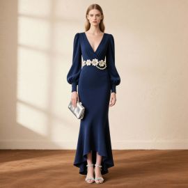 Elegant Navy Blue Long Sleeve V-Neck Mermaid Gown with Floral Belt