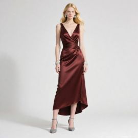 Elegant Burgundy Satin High - Low Gown with Deep V - Neck