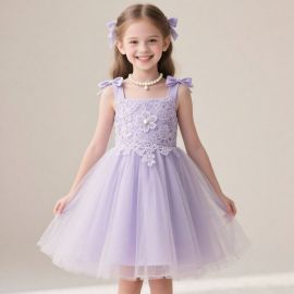Lavender Lace Flower Girl Dress with Bow Straps - Kids Tulle Party Gown
