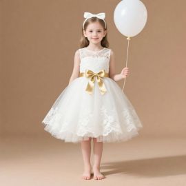 Kids Girls White Lace Tulle Dress with Gold Bow - Party Wedding Flower Girl Gown