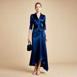 Elegant Navy Blue Satin Wrap Dress with Asymmetric Hem & Belted Waist
