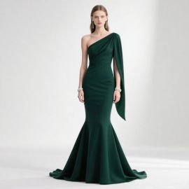 Emerald Green One - Shoulder Mermaid Evening Gown with Cape Sleeve Design