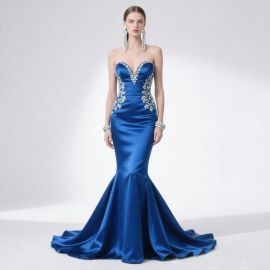 Royal Blue Satin Mermaid Gown: Strapless Crystal-Embellished Evening Dress
