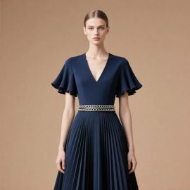 Elegant Navy Blue V-Neck Dress: Flounce Sleeves, Pleated Skirt & Chain Belt - Chic Formal Wear