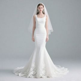 Elegant White Mermaid Wedding Dress: Simple Scoop Neck & Delicate Lace Hem