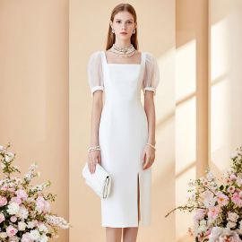 Elegant White Midi Dress: Square Neck, Puff Sleeves, Chic Slit Design