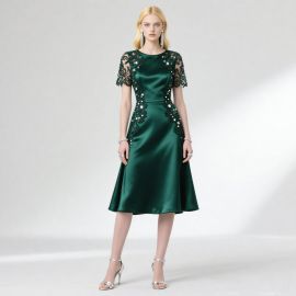Elegant Emerald Green Satin Midi Dress with Lace & Sequins - Formal Evening Party Wear