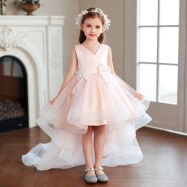 Kids Pink Tulle Dress with Flower Appliques & High-Low Hem - Elegant Party Gown
