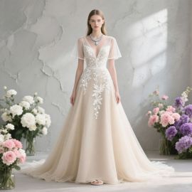 Elegant Deep V-Neck Short-Sleeve Wedding Gown with Floral Embroidery & Train