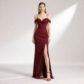 Burgundy Off - Shoulder High Slit Mermaid Evening Gown, Elegant Formal Dress