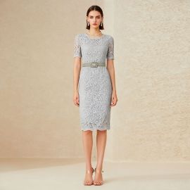 Elegant Light Gray Lace Dress with Short Sleeves & Belted Waist - Chic Midi Style for Women