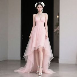 Elegant Pink V - Neck High - Low Tulle Prom Dress with Spaghetti Straps