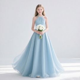 Light Blue Halter Neck Long Flower Girl Dress for Weddings & Formal Events