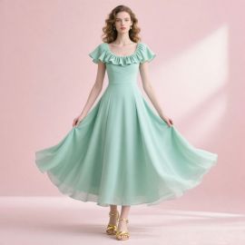 Mint Green Ruffled Neck A-Line Midi Dress - Elegant Flowy Summer Style