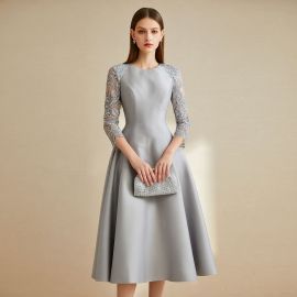 Elegant Light Gray Midi Dress with Lace Sleeves - Perfect for Formal Events